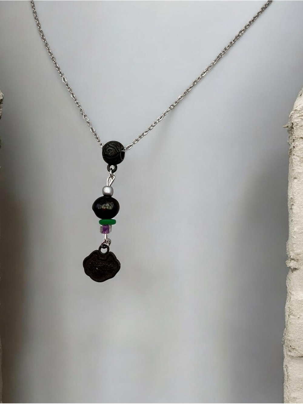 Handmade Black Pearl Beaded Antique Charm Necklace - New Chain